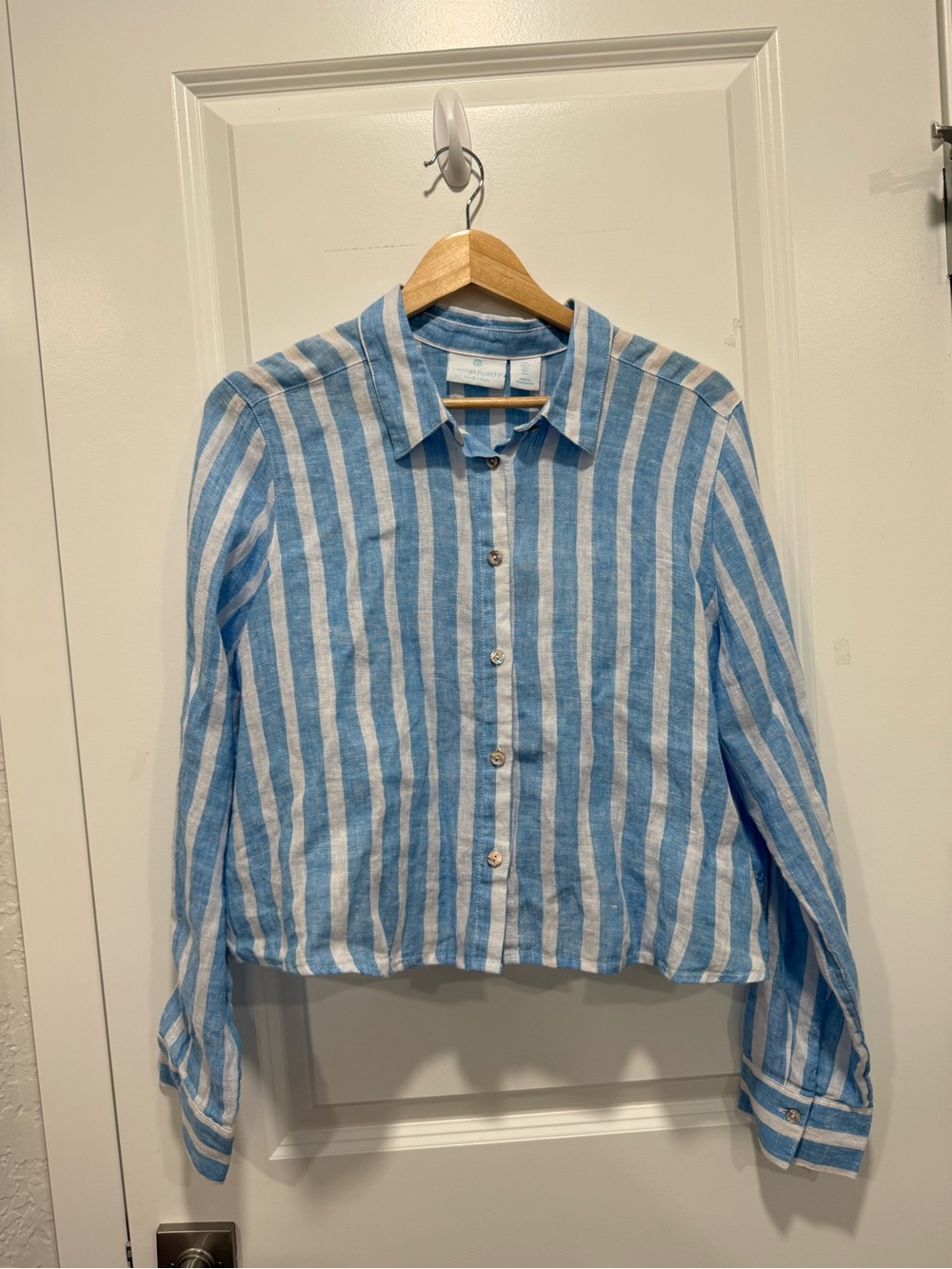 NWT Cynthia Rowley Blue Striped 100% Linen Cropped Button Up Shirt Size Large